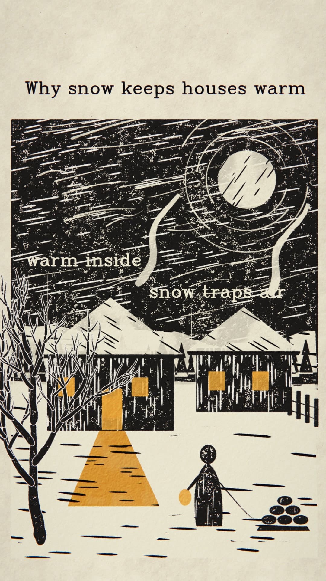 A linocut of two snowed-in houses at night, lit from inside