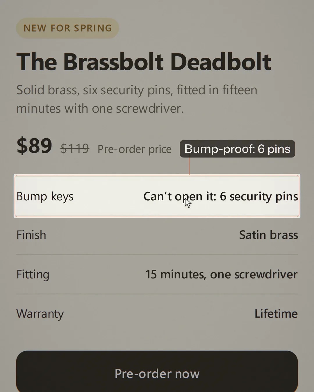The same page in a reel: the page dimmed except the row Bump keys, can't open it: 6 security pins, ringed in clay, a straight line up to a dark label reading Bump-proof: 6 pins, the pointer clicking the row