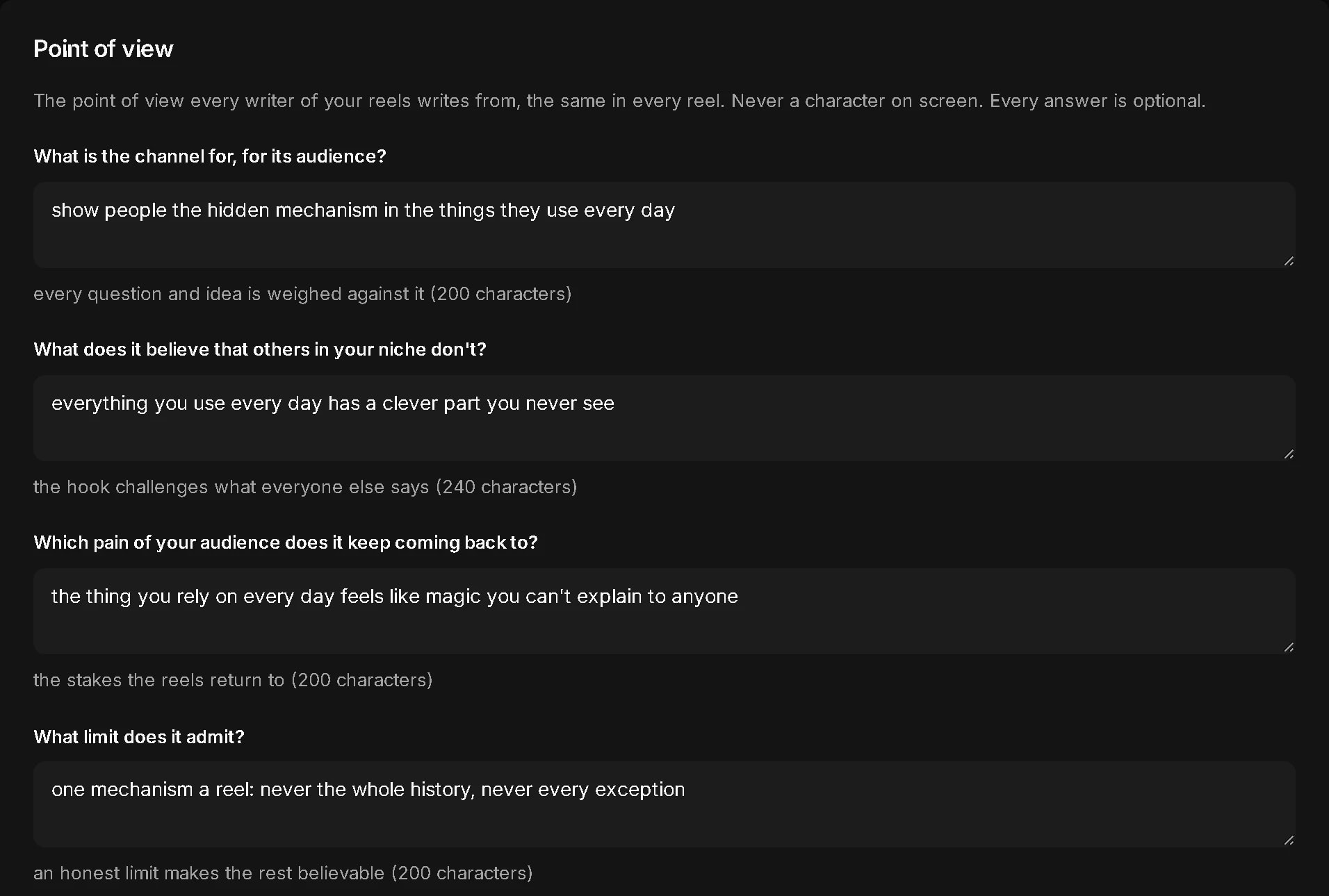 The Channel page's point of view: what the channel is for, what it believes, the pain it returns to and the limit it admits