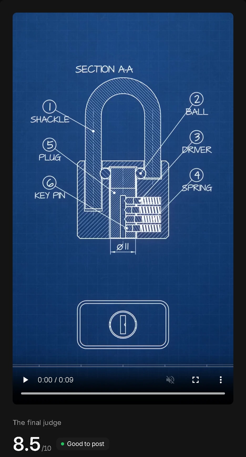 The finished film in the studio, a drafted cutaway of a lock, scored 8.5 out of 10 and good to post
