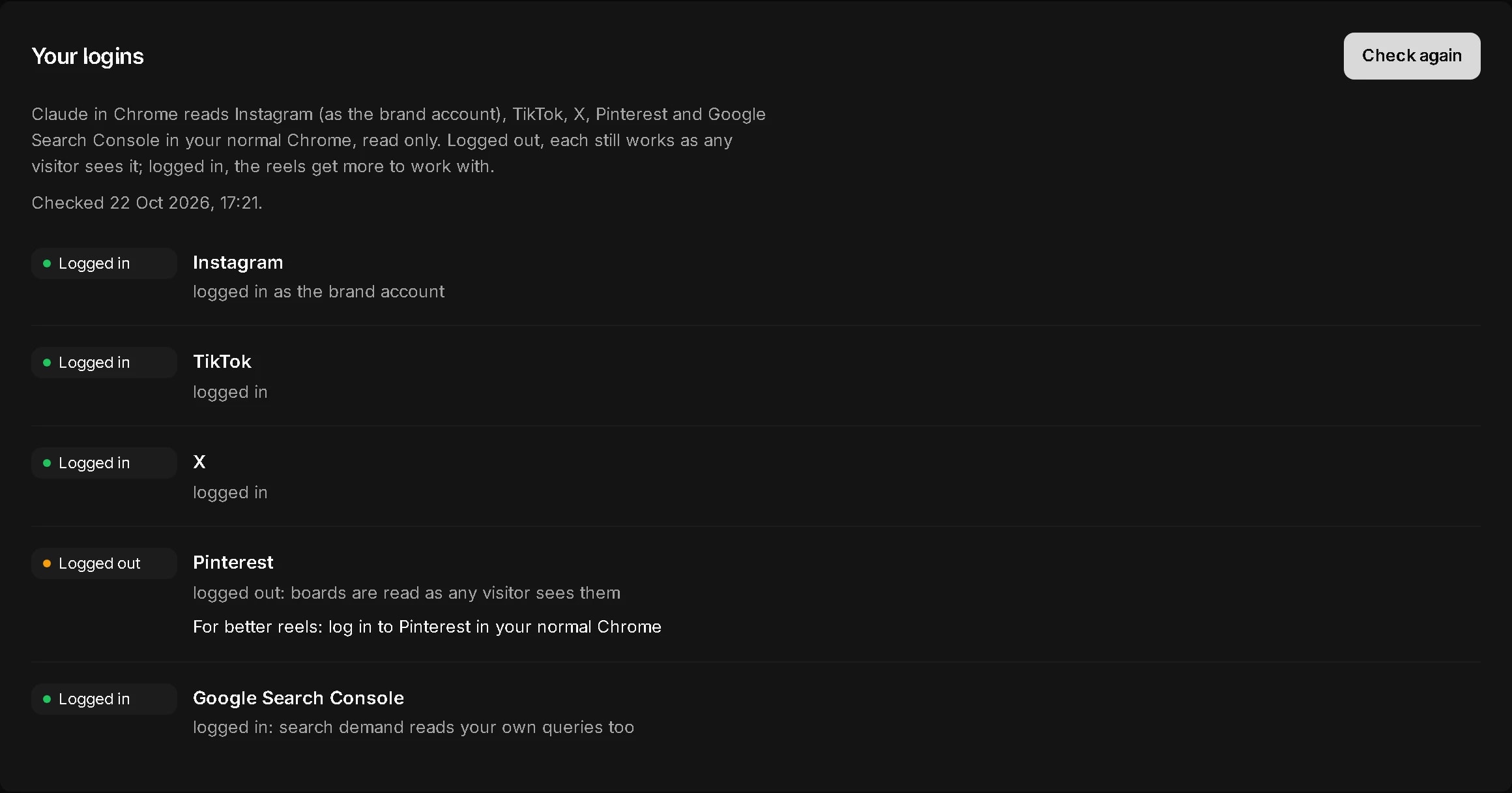 Machine: your logins to Instagram, TikTok, X, Pinterest and Google Search Console, each checked, with how to fix one that is logged out