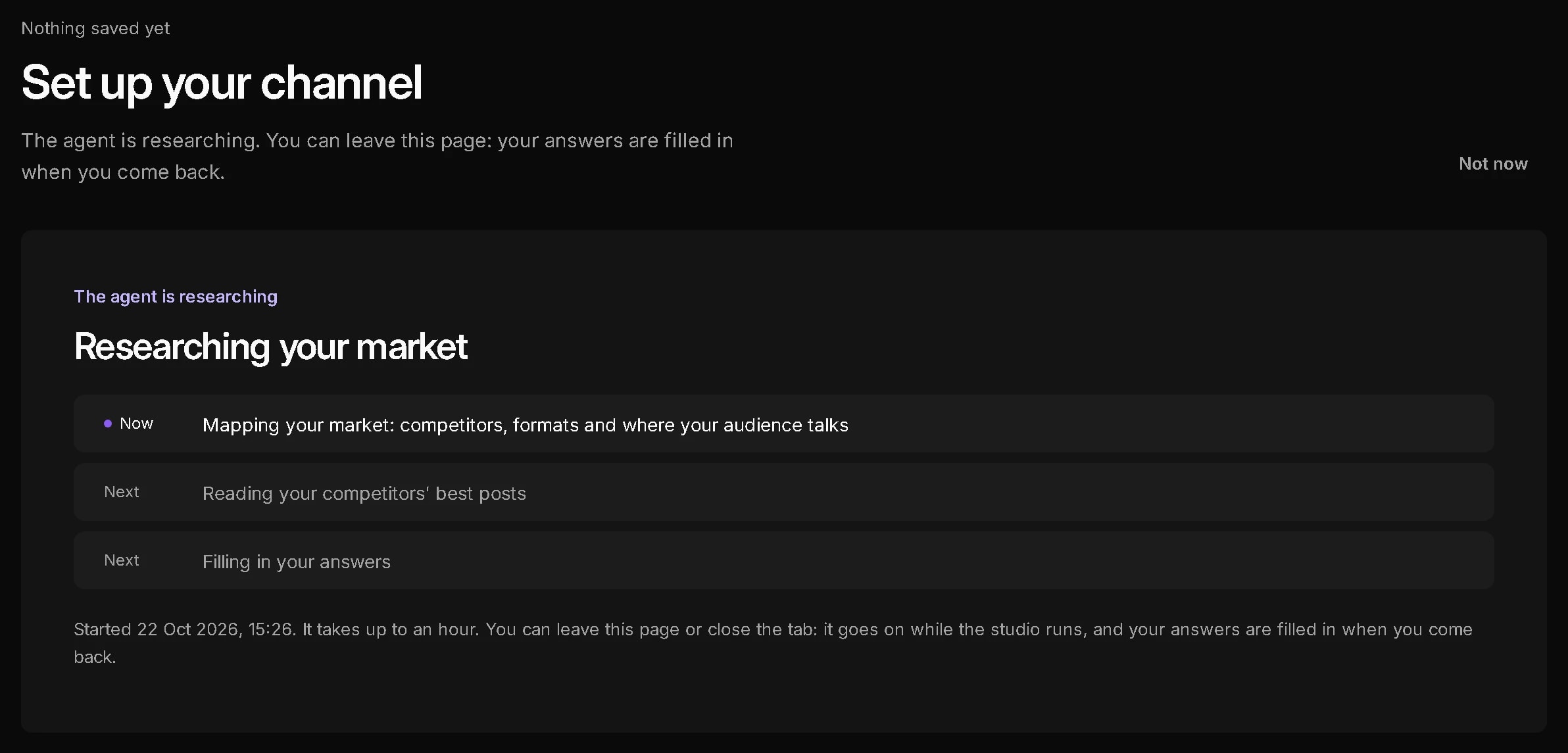 The agent researching your market: mapping competitors, formats and where your audience talks, then reading your competitors' best posts